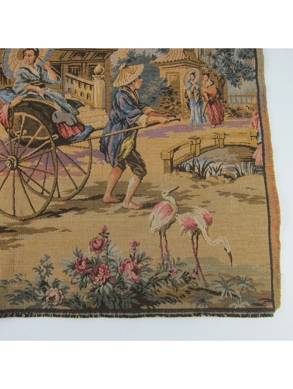 Vintage French Tapestry Japanese Geisha Parasol Cart Pagoda with Rod 25 x 19